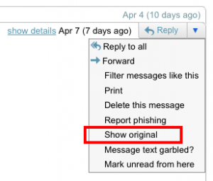 Exemple d'affichage des entetes d'un courriel sous Gmail